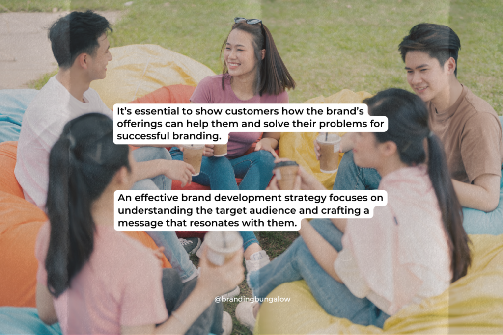 Photo of people sitting on bean bags outside, holding coffee, and talking about brand development. In the foreground text says, "It’s essential to show customers how the brand’s offerings can help them and solve their problems for successful branding. An effective brand development strategy focuses on understanding the target audience and crafting a message that resonates with them."