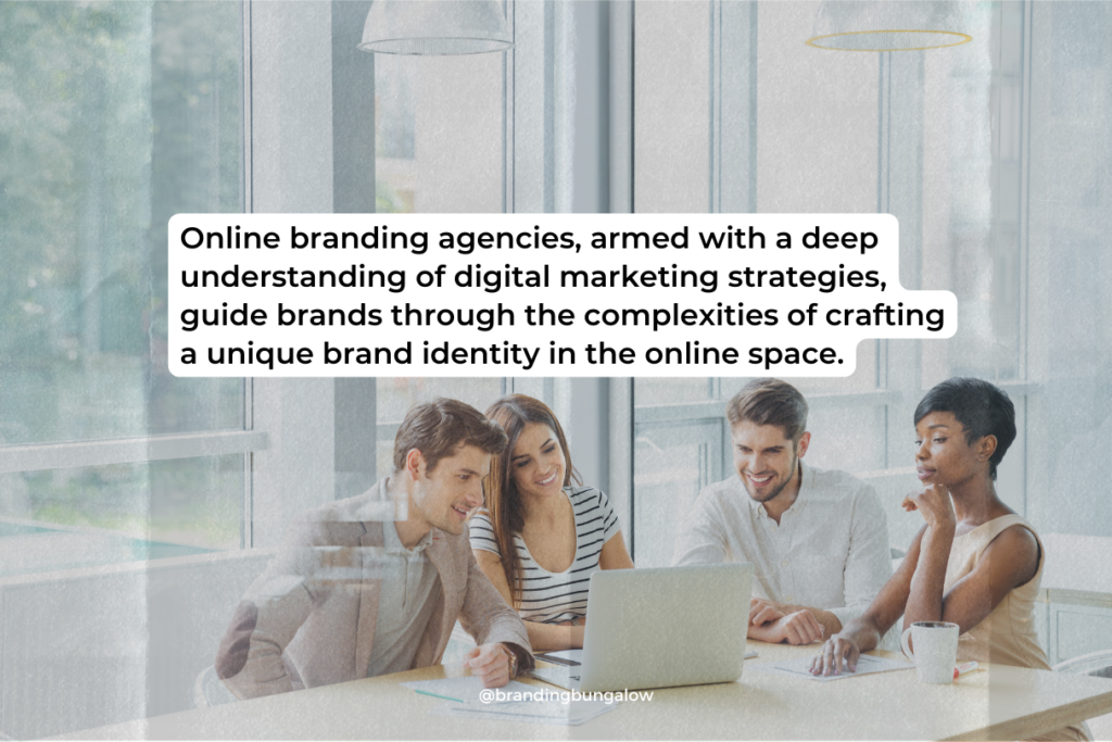 An online branding agency team discusses digital marketing strategies.