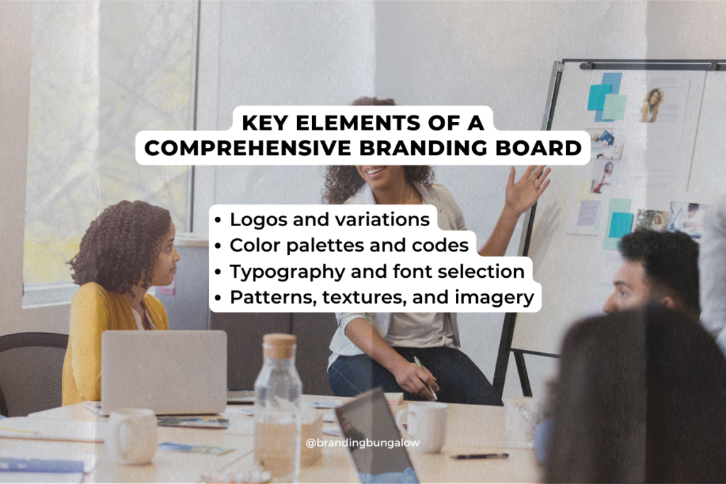 A group discusses the different elements of a branding board.