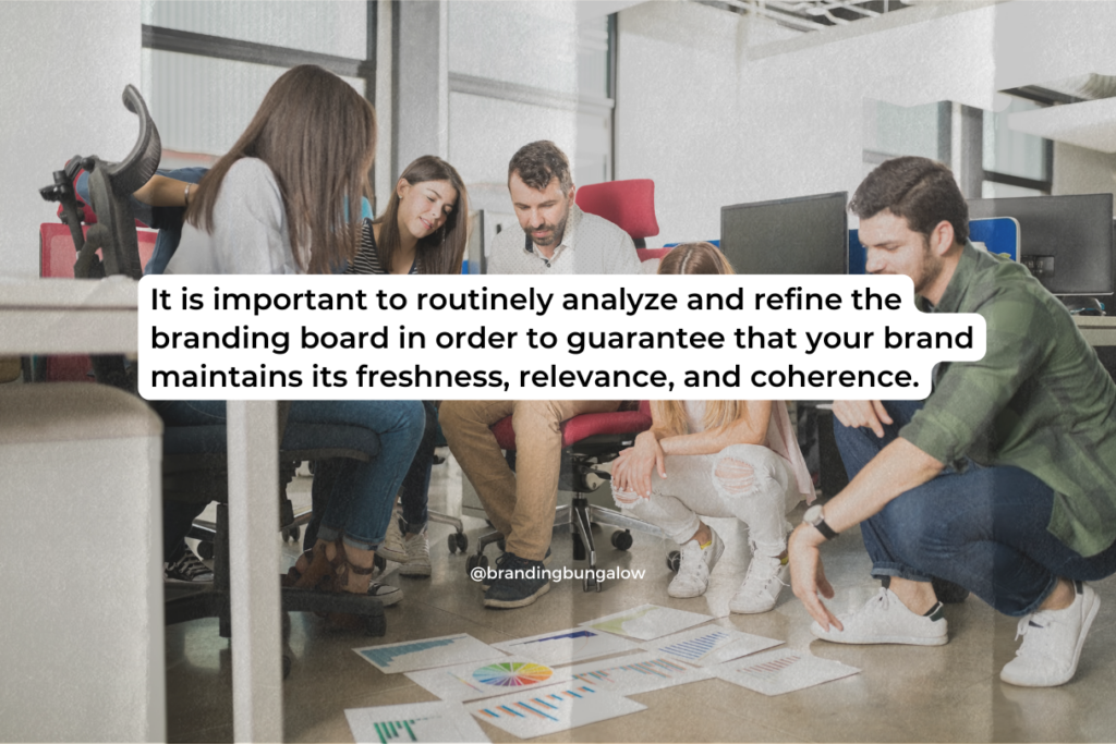 A group of designers analyze their brand board.