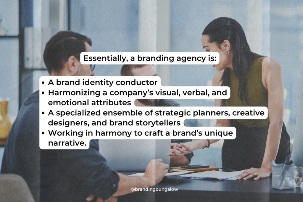 A branding agency team discusses a new client's work.