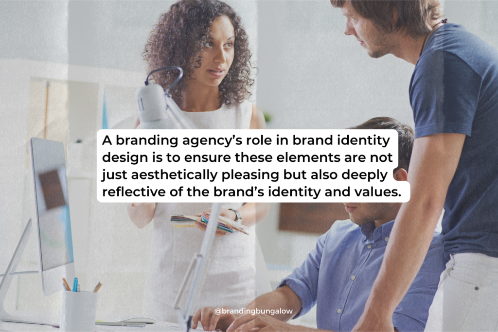 A branding agency team discuss a new identity idea.