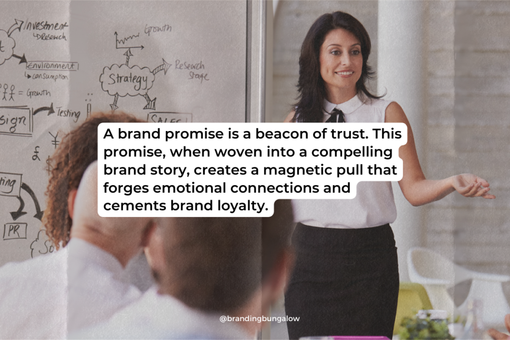 A woman discusses brand consistency with her colleagues.