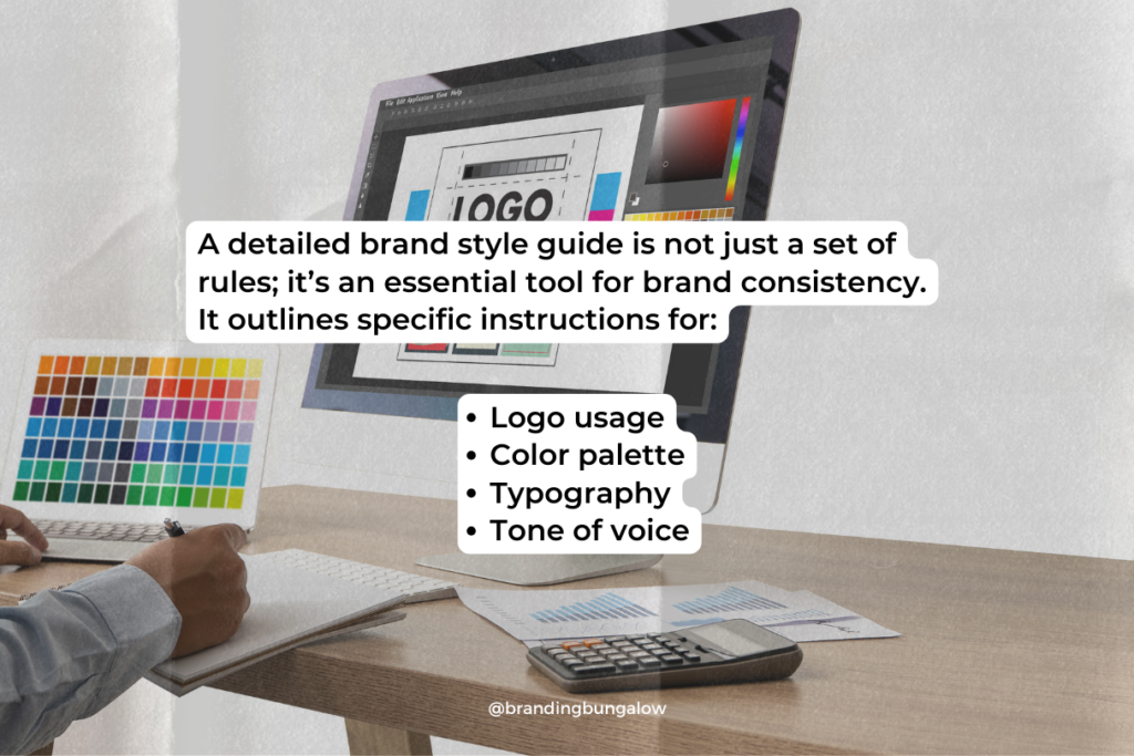 A computer displays a logo and color palette for a brand.