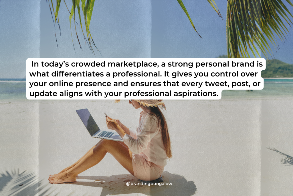 A woman working on her online personal brand on the beach.